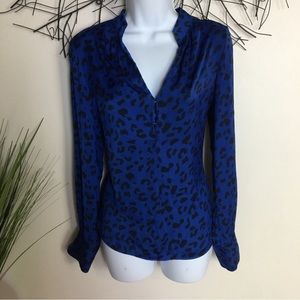 David LERNER blue leopard print long sleeve s blouse top revolve